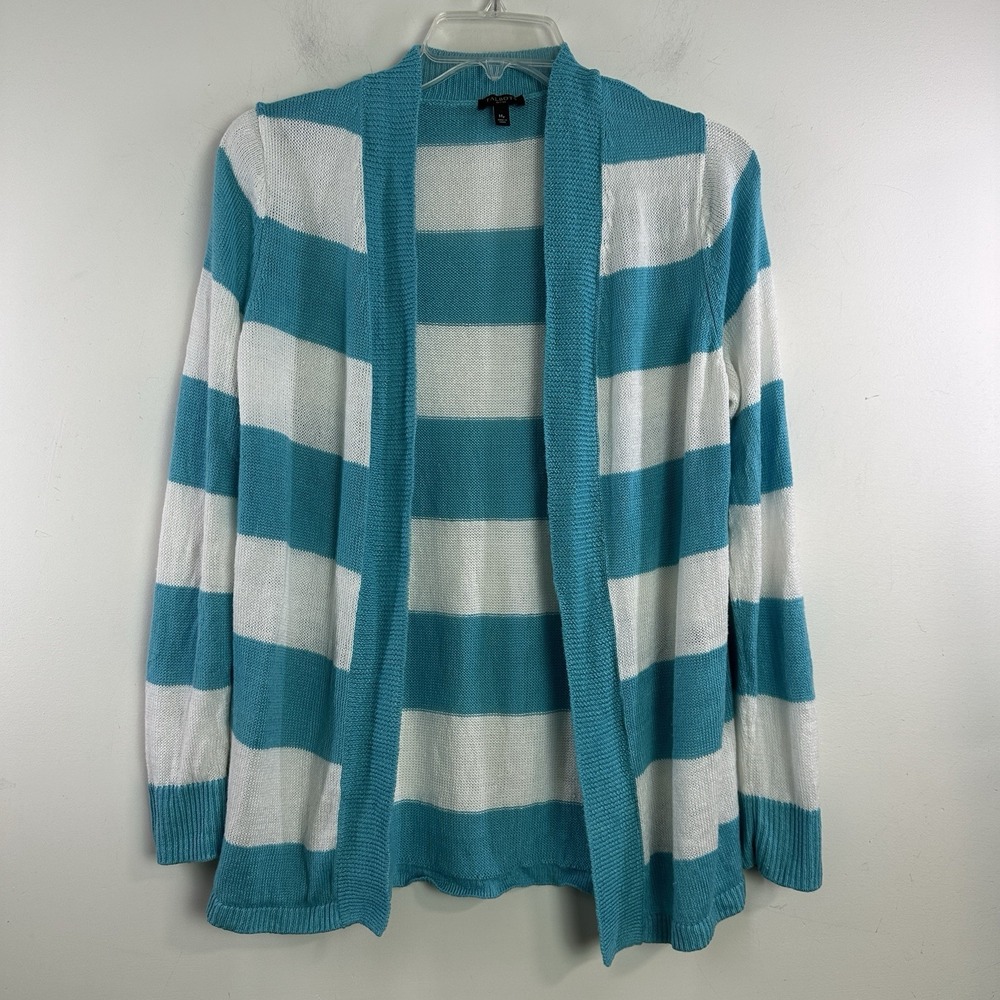Talbots Turquoise and White Striped 100% linen opened Cardigan SZ SM Petite